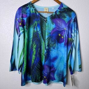 Jess & Jane Feather Orchid Blue Green Rhinestone Blouse Top Womens Large NWT